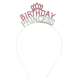 Silver metal headband with pink and clear rhinestones spelling BIRTHDAY PRINCESS