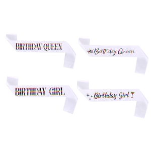 Set of four white satin sashes with holographic Birthday Queen and Birthday Girl text