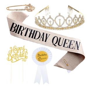 Luxury Gold Birthday Queen Accessory Set Glitter Sash Rhinestone Crown Tiara Badge Cake Topper Birthday Party Decoration
