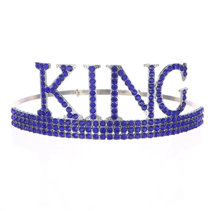 Couronne King argentée pour hommes avec cristaux bleu foncé pour fête d'anniversaire