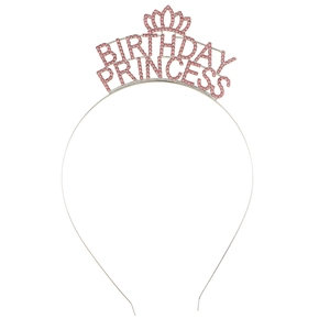 Detail showing pink rhinestone Birthday Princess lettering and crown on silver headband