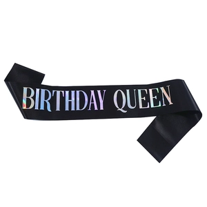Elegant black satin Birthday Queen sash with holographic rainbow lettering for parties