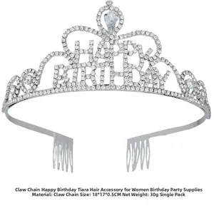 Macro detail of rhinestone Happy Birthday crown headpiece with sparkling silver claw chain