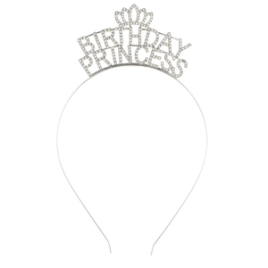 Close-up of Birthday Princess silver headband with rhinestones and crown detail