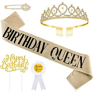 5-piece birthday queen set with gold glitter sash, rhinestone tiara and accessories