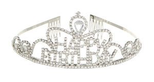 Macro detail of silver Happy Birthday crown featuring white rhinestones and side combs