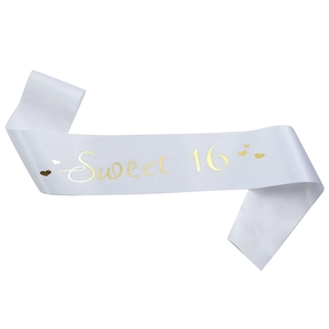 Elegant white satin Sweet 16 sash with gold lettering and hearts for 16th birthday party