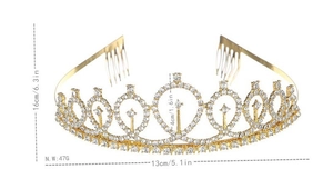 Detailed view of rhinestone birthday crown showing size measurements and comb clips