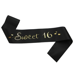 Elegant black satin Sweet 16 sash with gold foil lettering for birthday party celebrations