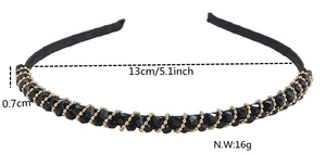 Detail view of 0.7cm wide beaded headband showing 13cm diameter and 16g weight specs
