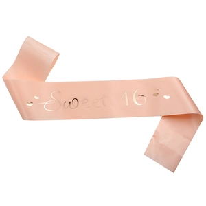Pink satin Sweet 16 birthday sash with gold foil lettering and heart pattern decorations