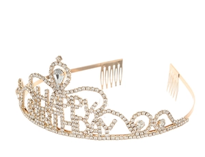 Detail of gold crystal crown hairband with Happy Birthday rhinestone lettering
