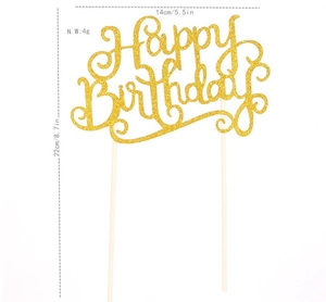Detailed view of a gold glitter Happy Birthday cake topper with 14cm width and 22cm height