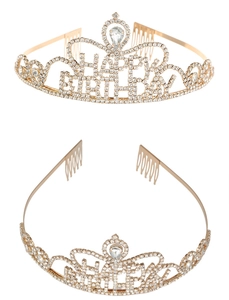Detail of golden Happy Birthday crown with sparkling rhinestones and securing hair combs