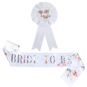 White floral Bride to Be sash and badge set for wedding parties and bridal showers