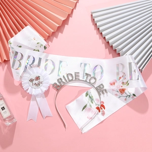 3-piece Bridal Shower set with Bride to be sash, crystal headband and flower badge