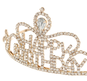 Detail of gold Happy Birthday crown headband with sparkling rhinestones and pear-shaped stone