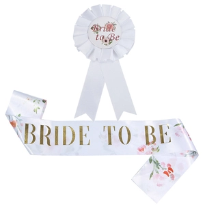 White Bride to Be satin sash and badge set with pink floral designs for wedding parties