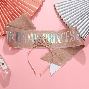 Detail of rose gold glitter birthday princess sash and crown set for party decoration