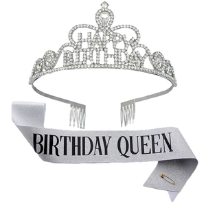Silberne Happy Birthday Krone mit Strass und glitzernde Birthday Queen Schärpe Set