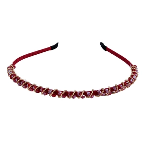 Handmade headband with wine red crystal beads and gold metal chain on thin red band