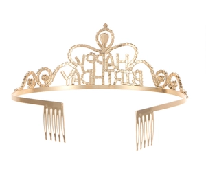 Detail of gold rhinestone happy birthday crown headband with crystal embellishments