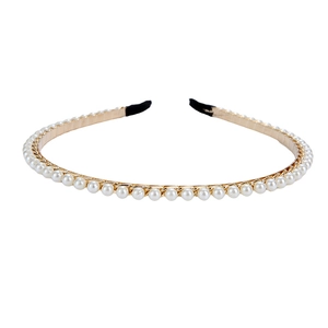 Elegant gold metal headband with white pearls and rhinestones for bridal hair accessories