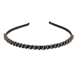 Fashionable black faceted beads and gold chain wrapped thin metal headband for women