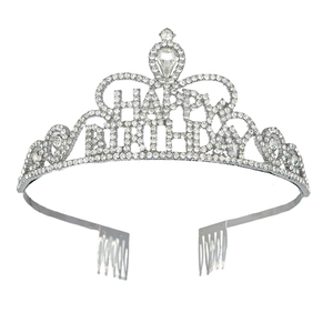 Silver crystal Happy Birthday tiara crown with rhinestones and side hair combs for party