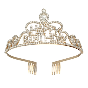 Golden Happy Birthday crown headband with sparkling crystals and side hair combs