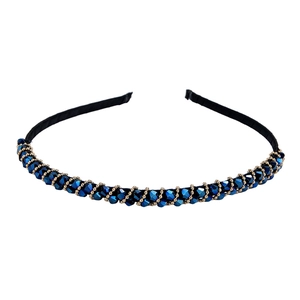 Elegant narrow metal headband with dark blue crystal beads and gold wire wrapping