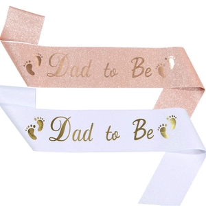 Glitter fabric Dad to Be party sashes with gold foil lettering and baby footprints