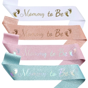 Glittery Mommy to Be sashes in four colors with gold foil lettering for baby showers