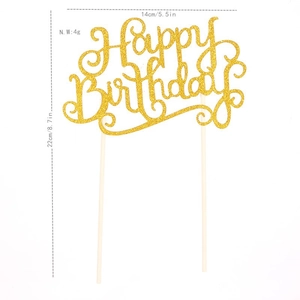 Glittering golden Happy Birthday cake topper with dimensions 14x22cm for party decor