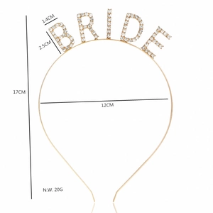 Gold metal bride headband with rhinestone letters for bachelorette parties and weddings