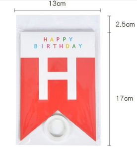 Detail of red Happy Birthday banner piece with ribbon packaging and dimensions 13x17cm