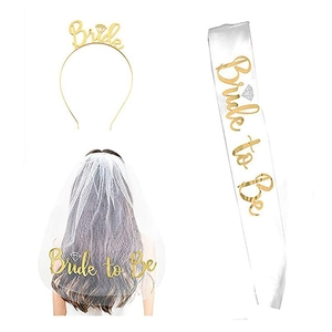 Bridal shower party set with gold Bride headband, satin sash, and white tulle veil