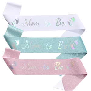 Three-piece glitter Baby Shower sashes for Mom to Be in white, blue, and pink colors