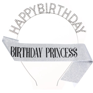 Set compleanno con cerchietto di strass e fascia argento glitterata per principessa