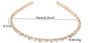 Detail of gold metal headband with rhinestones showing width of 16cm and 0.7cm band size