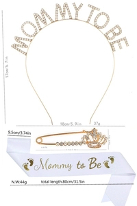 Detailed view of Mommy to Be party set with rhinestone headband and satin sash dimensions