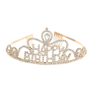 Golden Happy Birthday crown headband with sparkling rhinestones and integrated hair combs