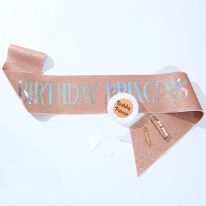Set fascia e distintivo Birthday Princess color champagne con glitter olografici