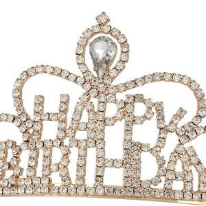 Sparkling crystal crown headband with Happy Birthday lettering and teardrop gemstone