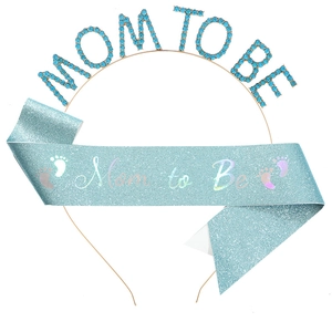 Set de fête baby shower avec serre-tête Mom to Be en strass bleus et écharpe