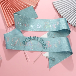 Blue glitter Mommy and Daddy to Be sash set with metal headband for baby shower party