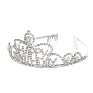Silver Happy Birthday rhinestone crown headband with comb grip for party hair accessories