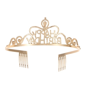 Golden rhinestone Happy Birthday crown headband with side combs for elegant hair styling