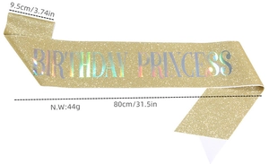 Detailed view of Birthday Princess glitter sash with dimensions 9.5cm by 80cm