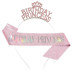 Pink rhinestone Birthday Princess tiara crown and glitter sash set for party celebration
